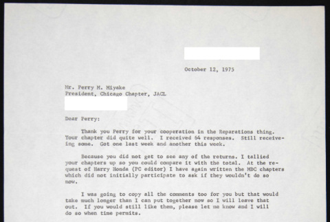 Letter to Perry Miyake from Bill Doi (ddr-chijacl-1-20)