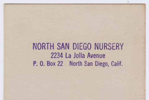 North San Diego Nursery business card (ddr-densho-446-422)