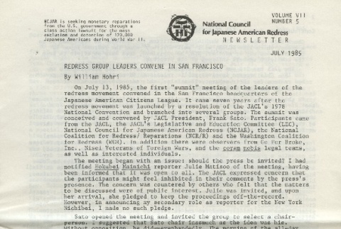 National Council for Japanese American Redress Newsletter, Vol. VII No. 5 (ddr-densho-274-53)