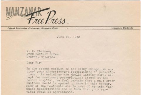 Correspondence regarding advertising in the Manzanar Free Press (ddr-densho-319-408)