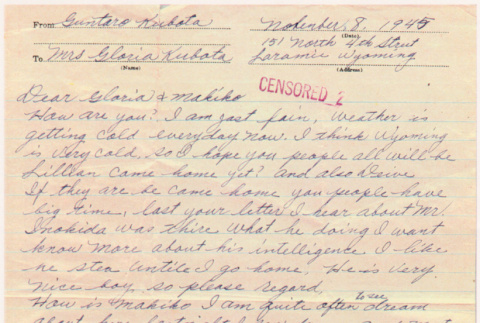 Letter to Gloria Kubota from Guntaro Kubota from prison (ddr-densho-122-633)