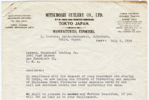 Letter from R. Naiki, Mitsuboshi Cutlery Co., to Takahashi Trading Company (ddr-densho-424-301)