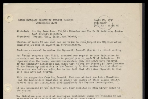 Minutes from the Heart Mountain Community Council meeting, March 29, 1944 (ddr-csujad-55-543)