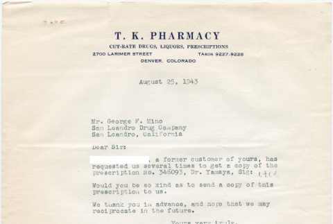Letter sent to T.K. Pharmacy (ddr-densho-319-46)