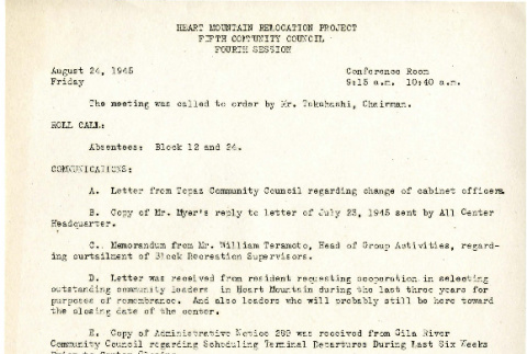 Heart Mountain Relocation Project Fifth Community Council, 4th session (August 24, 1945) (ddr-csujad-45-55)