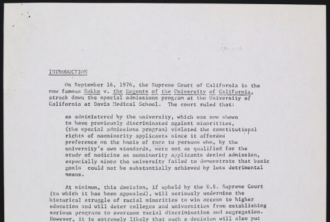 Paper reviewing the Bakke Decision (ddr-densho-444-75)