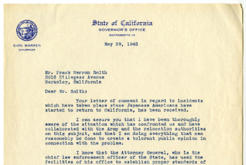 Letter from Earl Warren, Governor of California, to Frank Herron Smith May 29, 1945 (ddr-csujad-21-5)