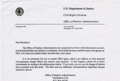 Office of Redress Administration letter about document review (ddr-densho-381-49)