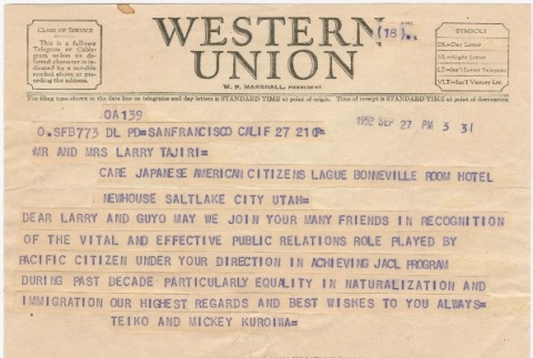 Telegram requesting to join in the recognition of the Pacific Citizen (ddr-densho-338-359)