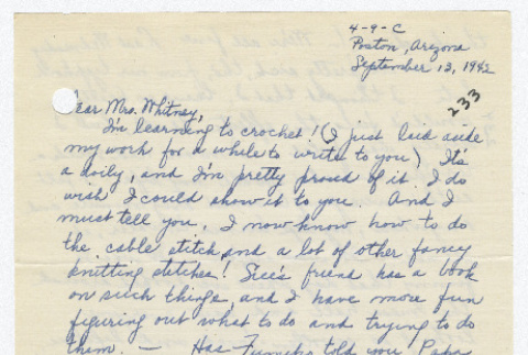 [ Letter to Mrs. Whitney from Louise Fukuda | September 13, 1942 ] (ddr-janm-22-56)