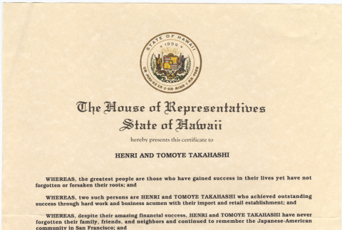 Certificate from State of Hawaii House of Representatives (ddr-densho-422-410)