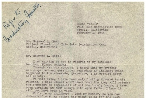 Letter from Aiko Takaoka to Ramond Best, Director of Tule Lake Camp, February 1, 1944 (ddr-csujad-2-5)