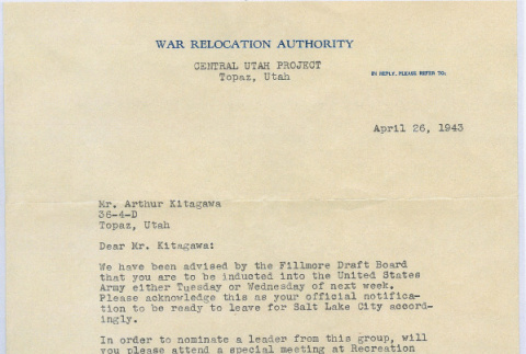 Draft notification letter for Saburo Arthur Kitagawa (ddr-densho-539-45)