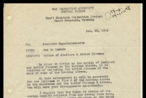 Memo from Ben B. Lummis, Sr. Engineer, Public Works Division, Heart Mountain Relocation Project, to Janitors Superintendents, January 26, 1943 (ddr-csujad-55-626)
