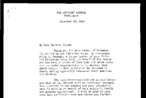 Letter from Tom Clark, Attorney General, to General Mark W. Clark, December 10, 1945 (ddr-csujad-55-235)