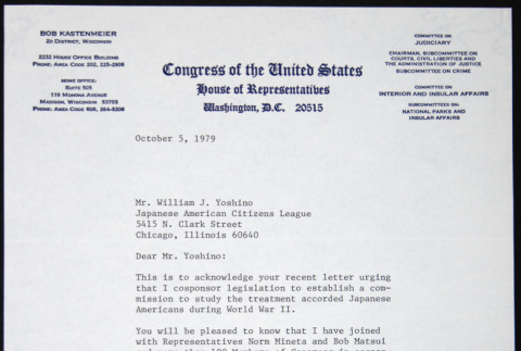 Letter to William Yoshino from Robert Kastenmeier (ddr-chijacl-1-416)