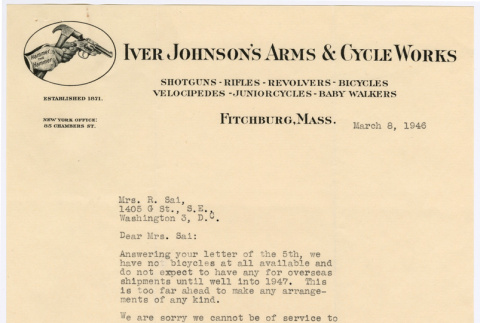 Letter from Frank I. Clark, Iver Johnson's Arms & Cycle Works, to Ryo Tsai (ddr-densho-446-326)