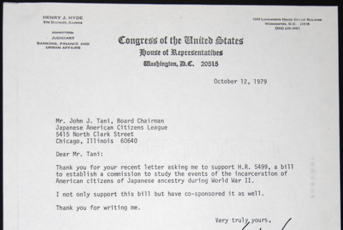 Letter to John Tani from Henry Hyde (ddr-chijacl-1-407)