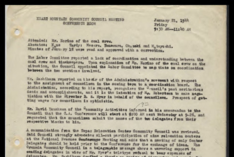 Minutes from the Heart Mountain Community Council meeting, January 21, 1944 (ddr-csujad-55-515)