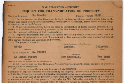 Request For Transportation of Property to New Rochelle, New York (ddr-densho-329-1017)