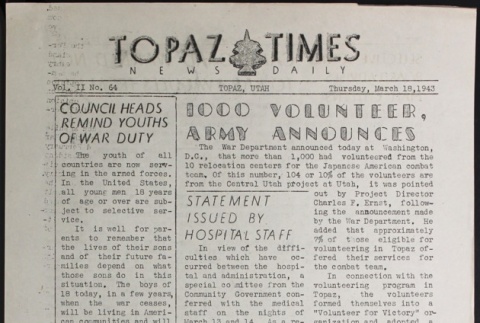 Topaz Times Vol. II No. 64 (March 18, 1943) (ddr-densho-142-127)