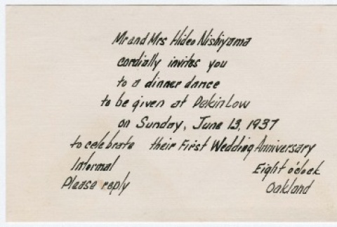 Wedding Anniversary Party invitation to Kaneji Domoto from Mr. and Mrs. Hideo Nishiyama (ddr-densho-329-349)
