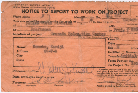Notice to report to work for Kaneji Domoto (ddr-densho-329-981)
