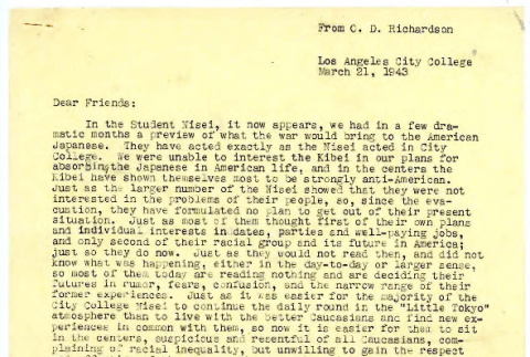 Letter from Otis D. Richardson, Chair of English Department, Los Angeles City College, March 21, 1943 (ddr-csujad-48-56)