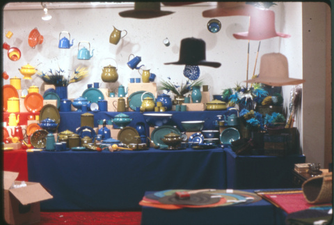 Display of green and blue enamel and lacquerware (ddr-densho-426-361)
