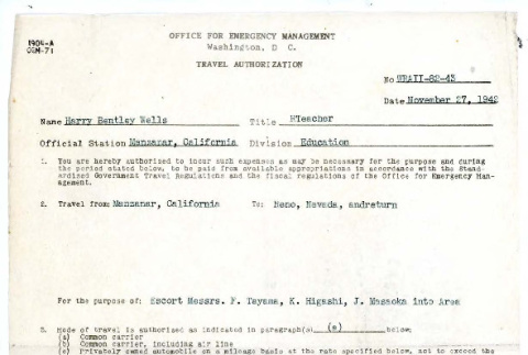 Travel authorization, Form 1904-A, OEM-71, Harry Bentley Wells (ddr-csujad-48-69)
