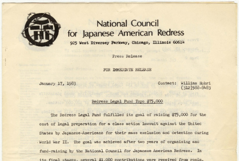 Press Release from National Council for Japanese American Redress and Newsletter (ddr-densho-352-83)