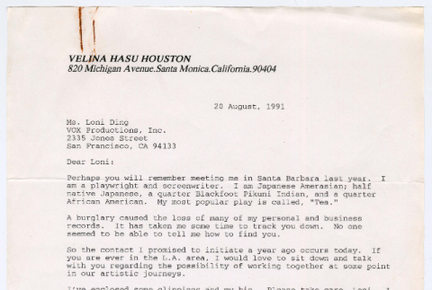 Letter to Loni Ding from Velina Hasu Houston (ddr-densho-1007-1827)