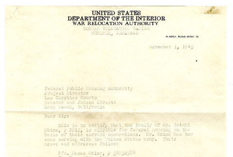 Letter from Corine Key, Relocation Adviser, Rohwer Relocation Center, to Federal Public Housing Authority Project Director, November 1, 1945 (ddr-csujad-5-97)