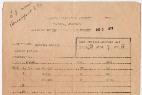 Housing assignment for Kaneji, Sally and Mikiko Domoto (ddr-densho-329-991)