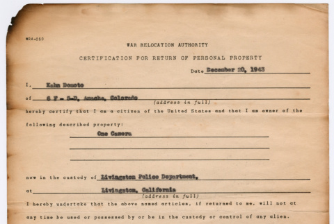 Certification for return of personal property (ddr-densho-329-997)