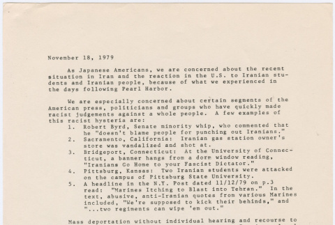 Statement from Concerned Japanese Americans regarding Iranian situation (ddr-densho-352-276)