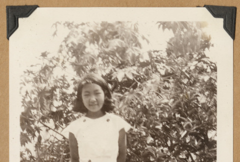 Girl poses by a bush (ddr-densho-542-180)