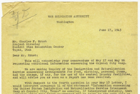 Letter from D.S. Myer to Charles Ernst answering questions regarding Crystal City (ddr-densho-356-980)