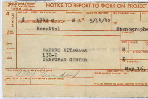 Notice to report for work for Saburo Kitagawa (ddr-densho-539-84)
