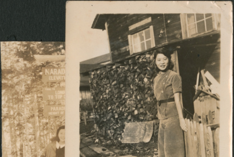 Overlapping photos, woman by fence, woman under sign on Mt. Rainier (ddr-densho-523-42)