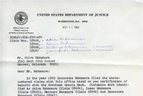 Letter regarding claim for losses during World War II (ddr-densho-179-246)