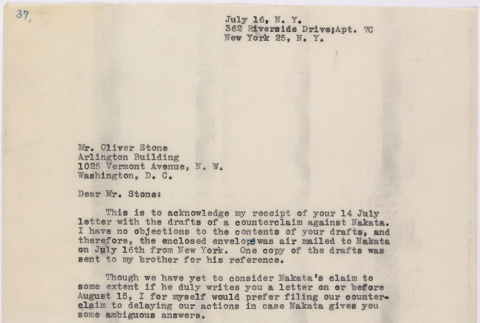 Letter form Lawrence Miwa to Oliver Ellis Stone (ddr-densho-437-217)