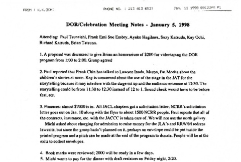 DOR/celebration meeting notes, January 5, 1998 (ddr-csujad-24-190)