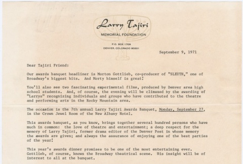 Letter regarding the Larry Tajiri Memorial Foundation awards banquet (ddr-densho-338-147)