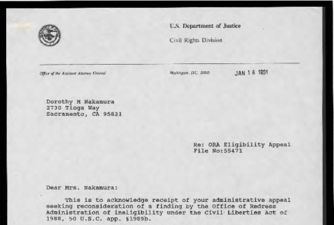 Letter from John R. Dunne, Assistant Attorney General, Civil Rights Division, to Dorothy M. Nakamura, January 16, 1991 (ddr-csujad-55-2120)