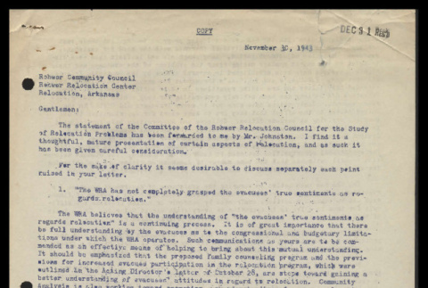Letter from Dillon S. Myer, Director, to Rohwer Community Council, November 30, 1943 (ddr-csujad-55-787)