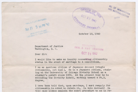 Letter from Ryo Morikawa to Department of Justice (ddr-densho-446-74)