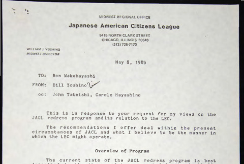 Memo and document to Rom Wakabayashi from Bill Yoshino (ddr-chijacl-1-678)