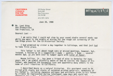 Letter from Caitlin Croughan to Loni Ding (ddr-densho-1007-1064)