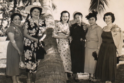 Six women posing around palm tree (ddr-njpa-4-24)